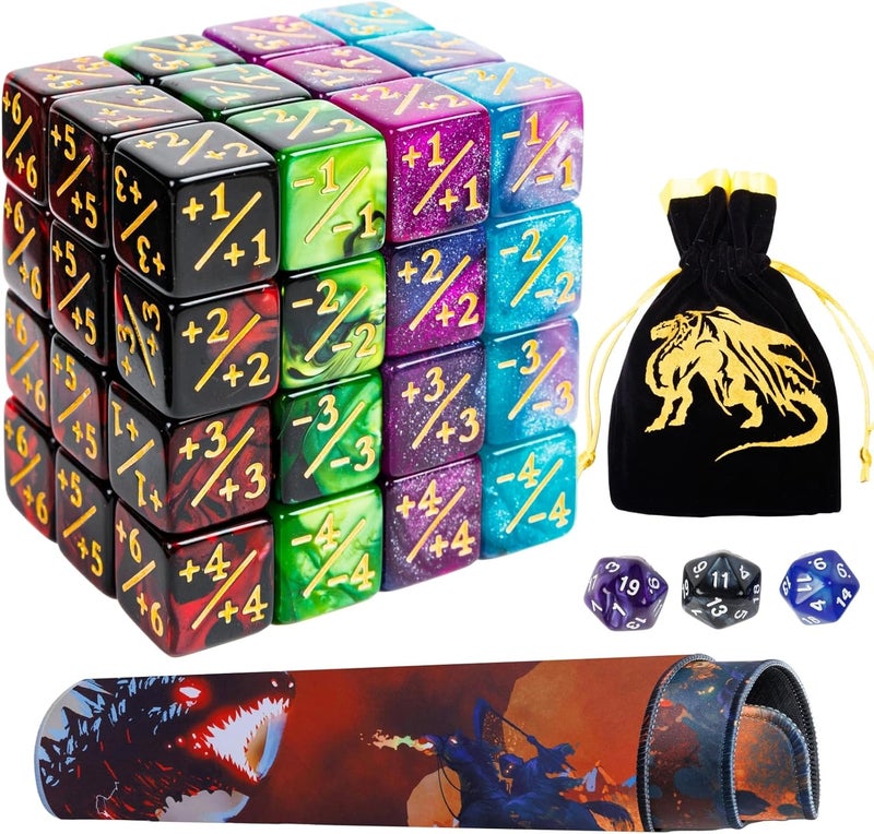 PUGED Magic The Gathering Counter Dice Set with MTG Play Mat and 3 Pcs D20 Rolling Dices 48 Pcs MTG Life Counters Tokens Dices and 7 Pcs Drawstring for Magic Card Game Accessories - Image 1